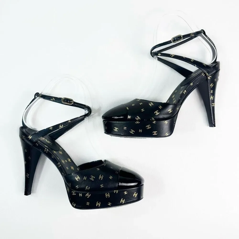 CHANEL 2023 All Over Interlocking CC Logo Black Heels Size 38 Platform Cap Toe